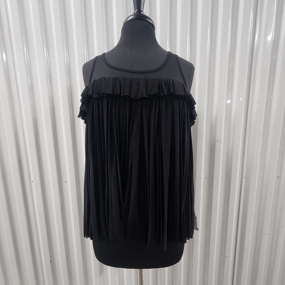 Gracia Pullover Asymmetrical Sleeveless Sheer Ruffle Top Black